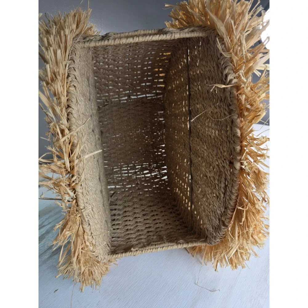 Boho Woven Straw Fringe Tote Basket Natural Raffia Cottagecore